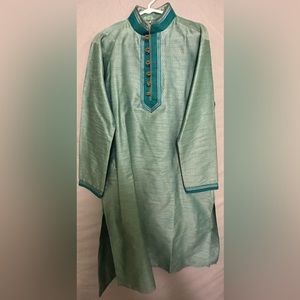 Blue Kurta with Diamond Pattern and copper accents and pants